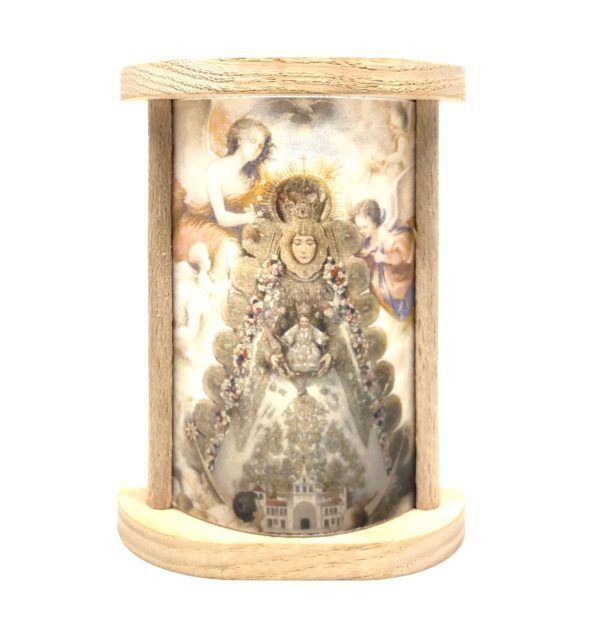 Sobremesa Virgen del Rocío fabricada en madera con lámina en color de la Virgen.